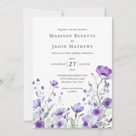 ボモダンヘエレガントミアン紫フローラ結婚ズ 招待状 (正面)