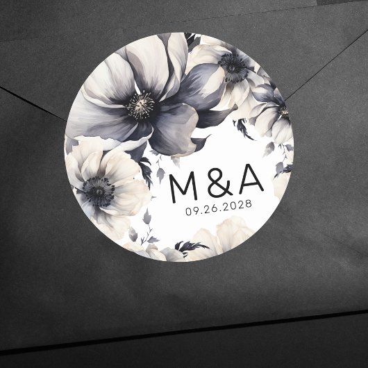 ボモダンホエレガント白黒フローラ結婚ズ ラウンドシール