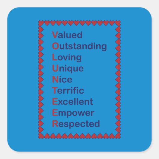 ボランティアタイポグラフィ赤いハート青い背景 スクエアシール (正面)