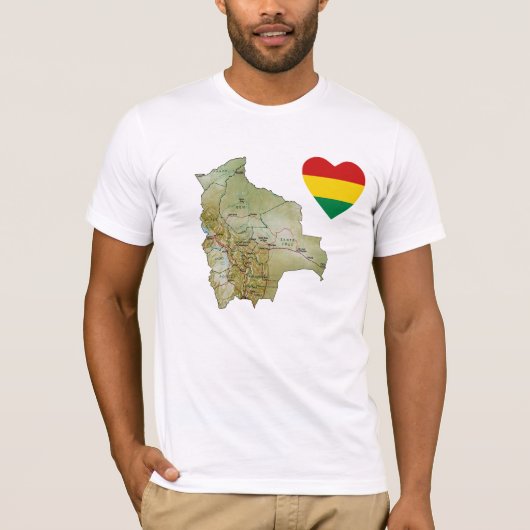 ボリビア国旗のハートと地図Tシャツ Tシャツ (正面)