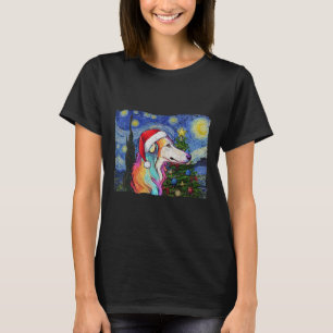 ボルゾイサンタハットクリスマス星空のナイトドッグアートパ Tシャツ