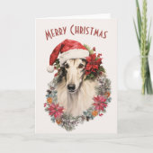 ボルゾイドッグサンタハットレッドポインセティアスクリスマス カード (正面)