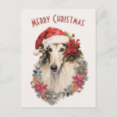 ボルゾイドッグサンタハットレッドポインセティアスクリスマス シーズンポストカード (正面)