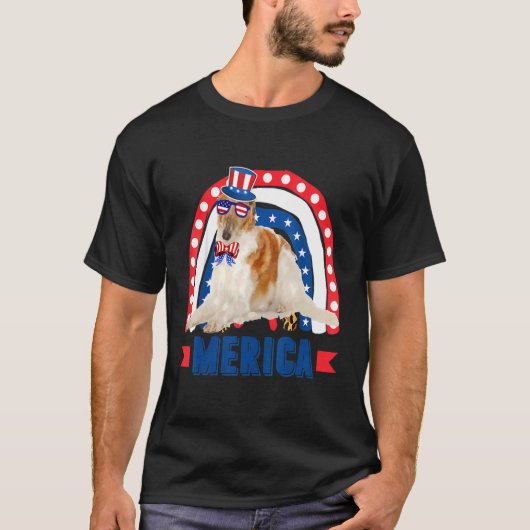 ボルゾイ犬レインボーヒョウメリカ国旗7月4日 Tシャツ (正面)