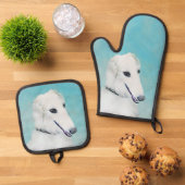 ボルゾイ絵を描ホワイトロシアのズ犬アート 鍋つかみ&鍋敷きセット (トップダウン)