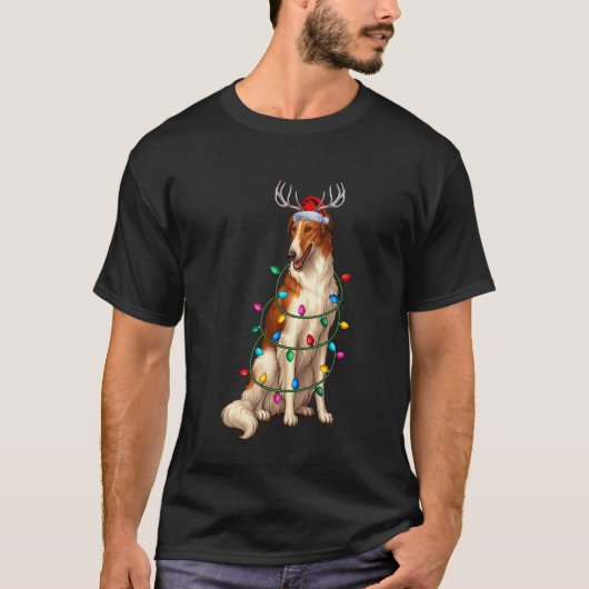 ボルゾイ クリスマス ライト サンタの帽子 トナカイ パジャマ Tシャツ (正面)