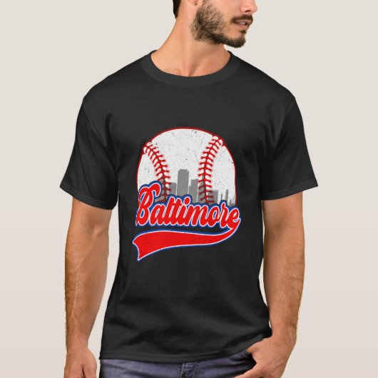 ボルチモアの都市景観と野球 Tシャツ (正面)