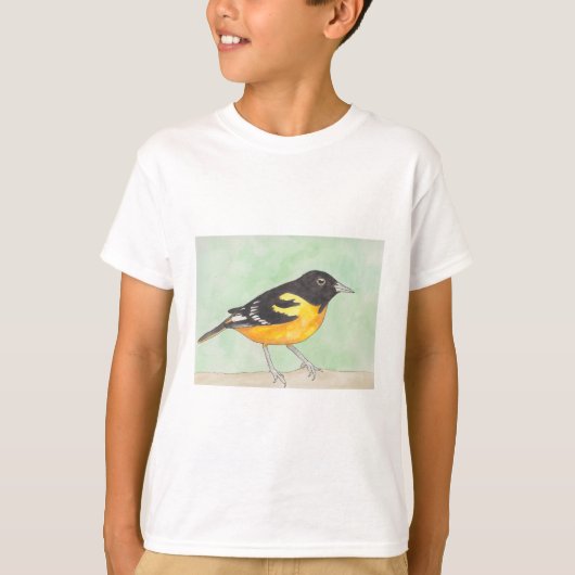 ボルチモアオオアカショウジョウガラス 水彩画 鳥の絵 Tシャツ (正面)