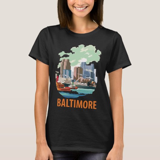ボルチモア港のスカイライン 青 旅行 Tシャツ (正面)
