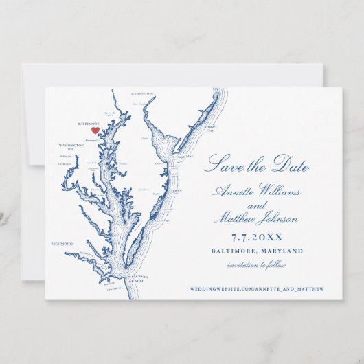ボルチモア結婚メリエレガントランドのネイビーブルーの地図 セーブザデート (正面)