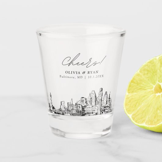 ボルチモア結婚式の引き出物パーソナライズされた応援 ショットグラス (正面)