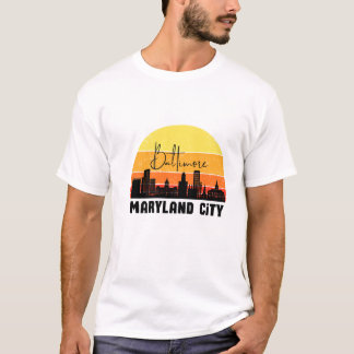 ボルチモア メリーランド シティスカイライン 日没 レトログラフ Tシャツ
