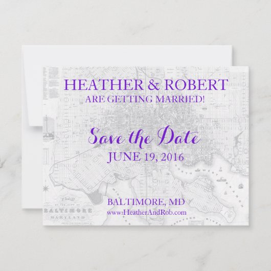 ボルチモア Save the Date ヴィンテージマップ(グレー) 招待状 (正面)