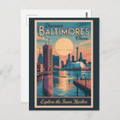 ボルチモメリーランドスカイライントラベルアートヴィンテージ ポストカード (正面/裏面)