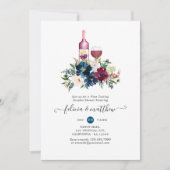 ボルドとネイビーのワイン試飲カップルのシャワー 招待状 (正面)