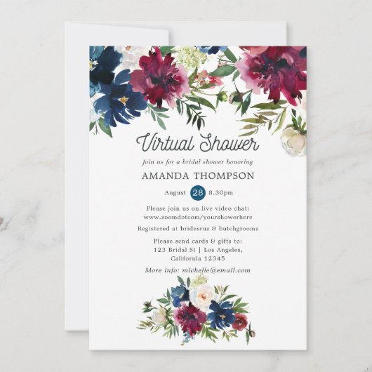 ボルドとネイビーの水の色のバーチャルブライダルシャワー 招待状 (正面)