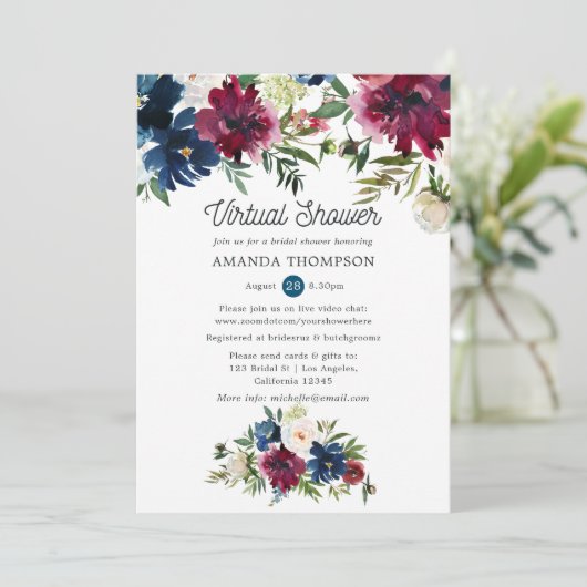 ボルドとネイビーの水の色のバーチャルブライダルシャワー 招待状 (スタンド正面)