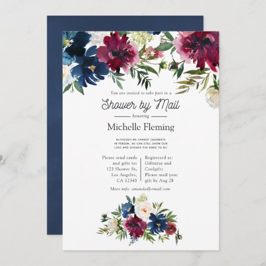 ボルドとネイビーの水の色のバーチャルブライダルシャワー 招待状 (正面/裏面)