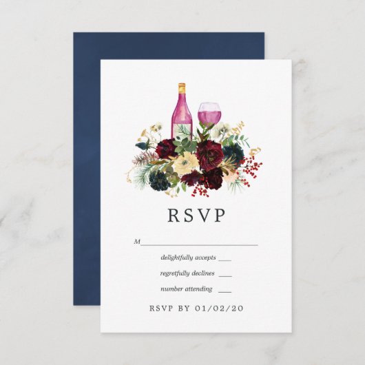 ボルドとネイビーワインクリスマス結婚フローラ 出欠カード (正面/裏面)