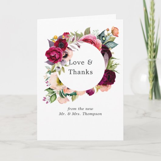 ボルドバイオレットプラムの水の色のフローラ結婚の写真 サンキューカード (正面)