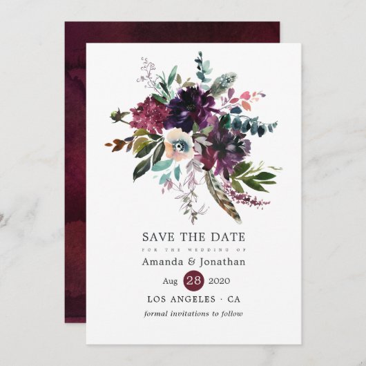 ボルドバイオレットプラムウォーターフローラ結婚ズ セーブザデート (正面/裏面)