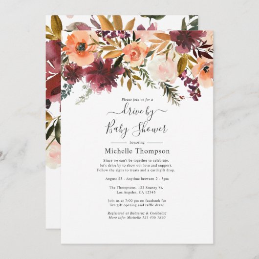 ボルドピーチドライブバイブライダルまたはベビーシャワー 招待状 (正面/裏面)