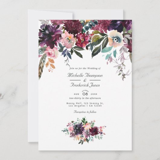 ボルドワインカラーフローラQRコード庭園の結婚式 招待状 (正面)