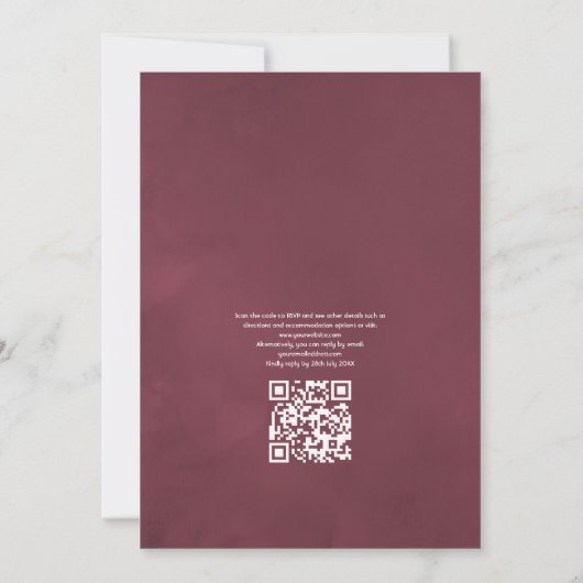 ボルドワインカラーフローラQRコード庭園の結婚式 招待状 (裏面)