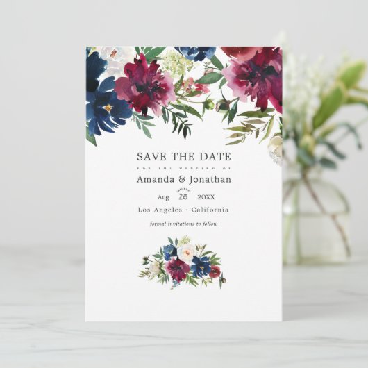 ボルドーとネイビーの水彩花の結婚式写真 セーブザデート (スタンド正面)