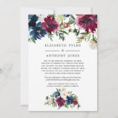 ボルドーとネイビーの花束 縮小された結婚式のゲストリストのお知らせ 案内状 (正面)