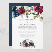 ボルドーとネイビーの花柄 縮小された結婚式のゲストリスト 案内状 (正面/裏面)