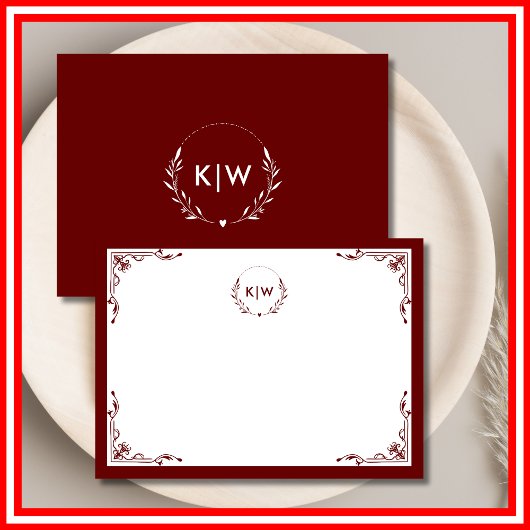 ボルドーとホワイト | イニシャルモダンモノグラム ノートカード