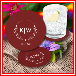 ボルドーとホワイト | イニシャルモダンモノグラム ラウンドペーパーコースター