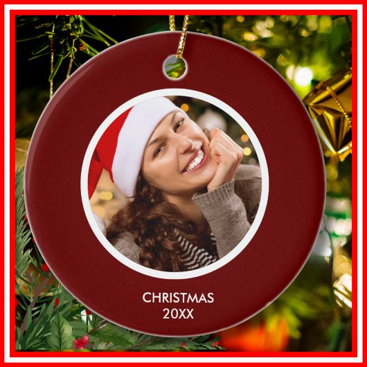 ボルドーと白のモダンイニシャルモノグラムPHOTO セラミックオーナメント