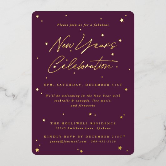 ボルドーエレガントスキャストスターズ新年パーティー 箔招待状 (正面)