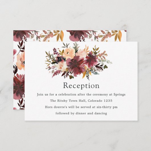 ボルドーピンクの水彩花柄の結婚式 エンクロージャーカード (正面/裏面)