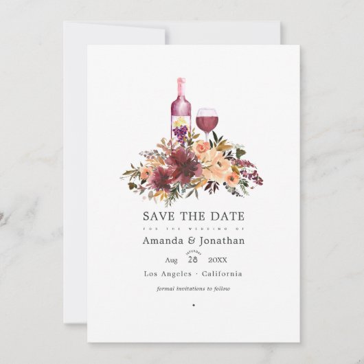 ボルドーピンクの花を添えたワインチェック ウェディング セーブザデート (正面)