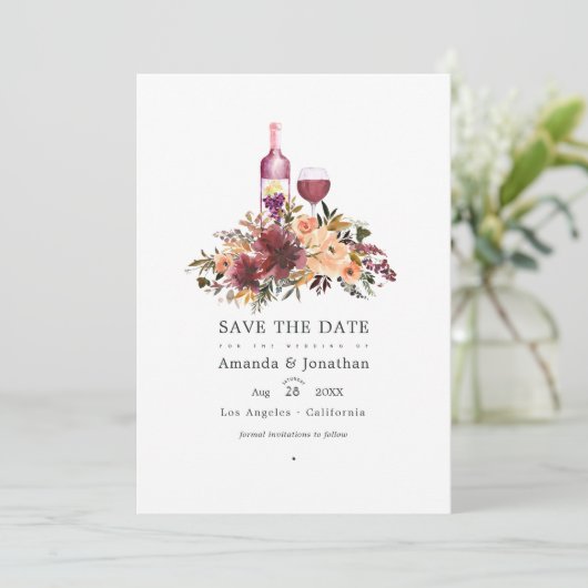 ボルドーピンクの花を添えたワインチェック ウェディング セーブザデート (スタンド正面)