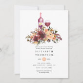 ボルドーピンクの花を添えたワイン試飲 ブライダルシャワー 招待状 (正面)