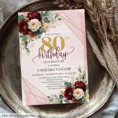 ボルドーボホ赤金色の花80歳の誕生日  招待状