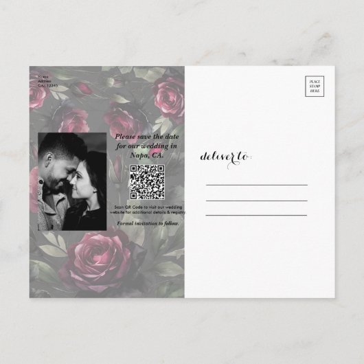 ボルドーレッドローズシャドーグレーフローラ救日付 案内ポストカード (裏面)