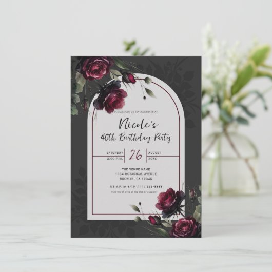 ボルドーレッドローゼスシャドーウィグレイフローラ誕生日 招待状 (スタンド正面)