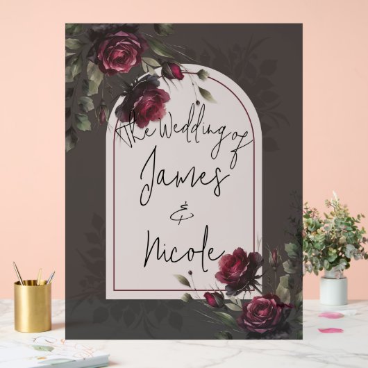 ボルドーレッドローゼスシャドーウィグレイ結婚フローラ アクリルサイン (ウェディング)