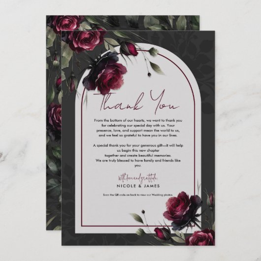 ボルドーレッドローゼスシャドーウィグレイ結婚フローラ 招待状 (正面/裏面)