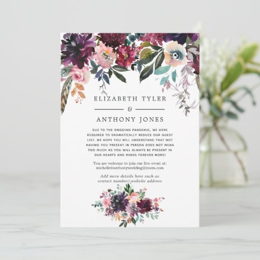 ボルドーワインのウェディングゲストリスト縮小のお知らせ 案内状 (スタンド正面)