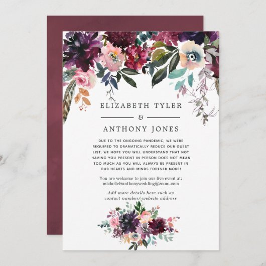 ボルドーワインのウェディングゲストリスト縮小のお知らせ 案内状 (正面/裏面)