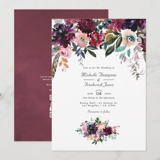 ボルドーワインカラー フローラルQRコードガーデンウェディング 招待状 (正面/裏面)