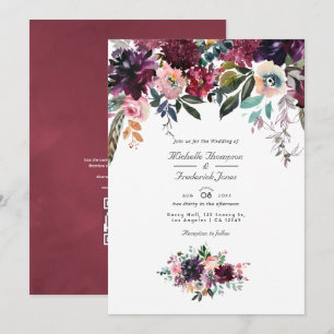 ボルドーワインカラー フローラルQRコードガーデンウェディング 招待状