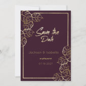 ボルドー深いリッチ赤金ゴールドフローラ保存日 招待状 (正面)