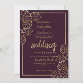 ボルドー深いリッチ赤金ゴールドフローラ結婚ズ 招待状 (正面)